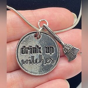 Silver Halloween Necklace “Drink Up Witches” with Broom